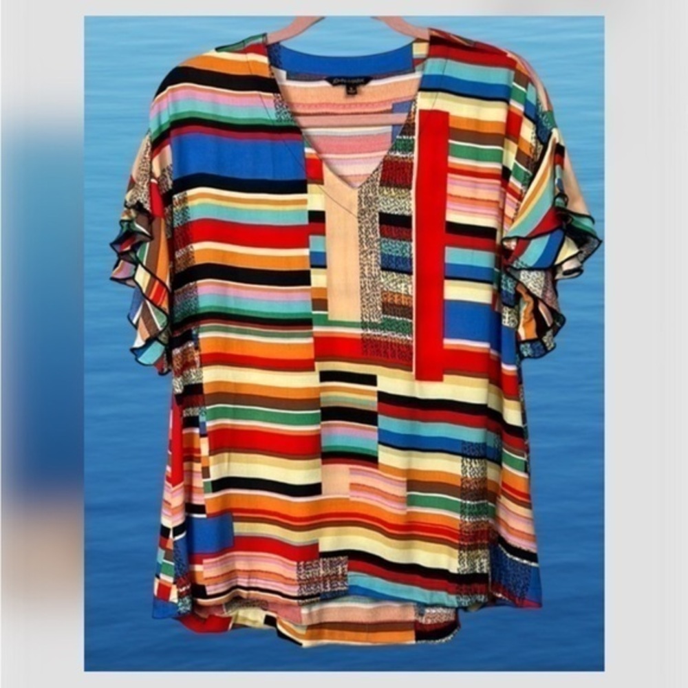 John Mark Colorful Short Ruffle Sleeves V-Neck Hi/Lo Hem Lightweight Blouse Sm